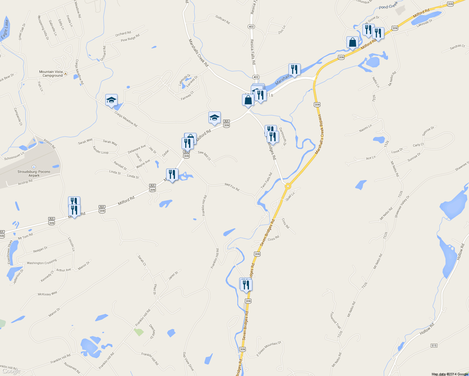 map of restaurants, bars, coffee shops, grocery stores, and more near Red Fox Road in East Stroudsburg