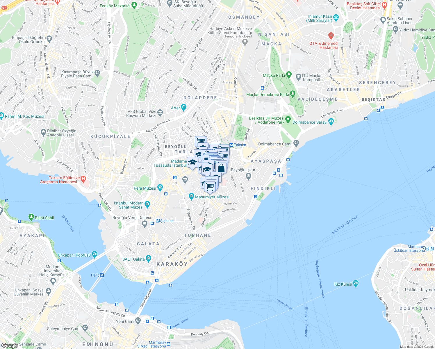 map of restaurants, bars, coffee shops, grocery stores, and more near 12 Hocazade Sokak in Beyoğlu