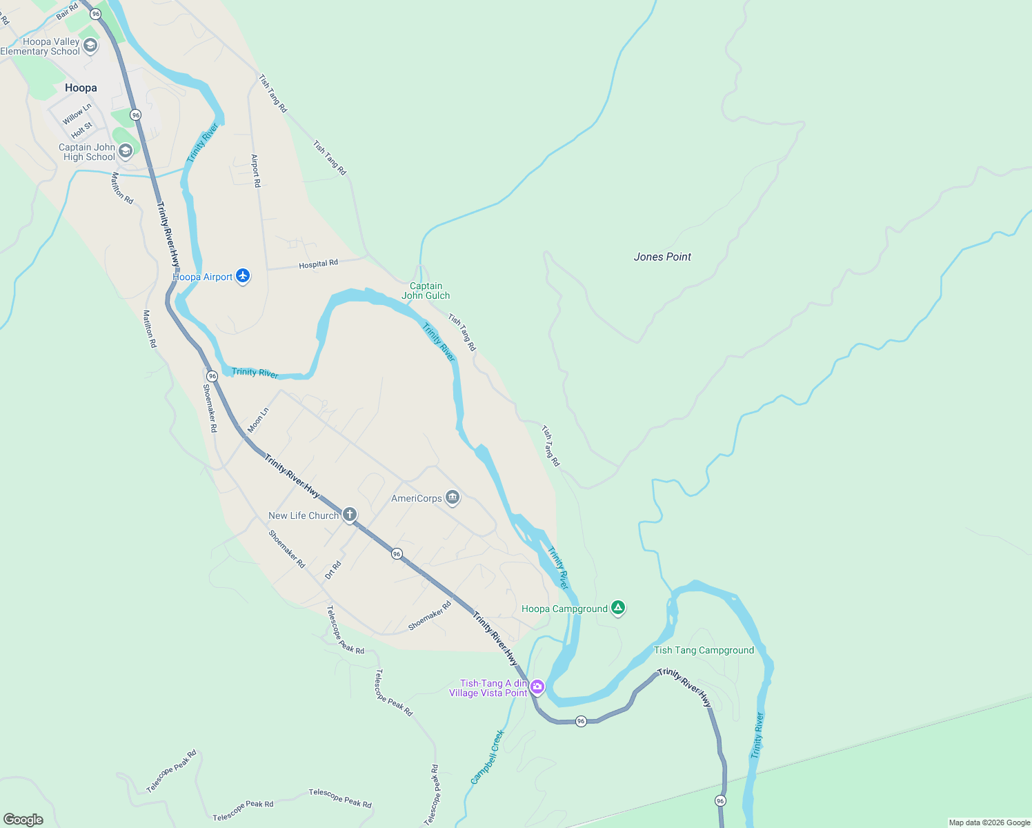 map of restaurants, bars, coffee shops, grocery stores, and more near Tish Tang Rd in Hoopa