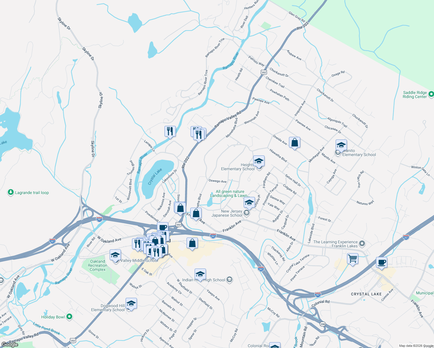map of restaurants, bars, coffee shops, grocery stores, and more near 72 Hiawatha Blvd in Oakland