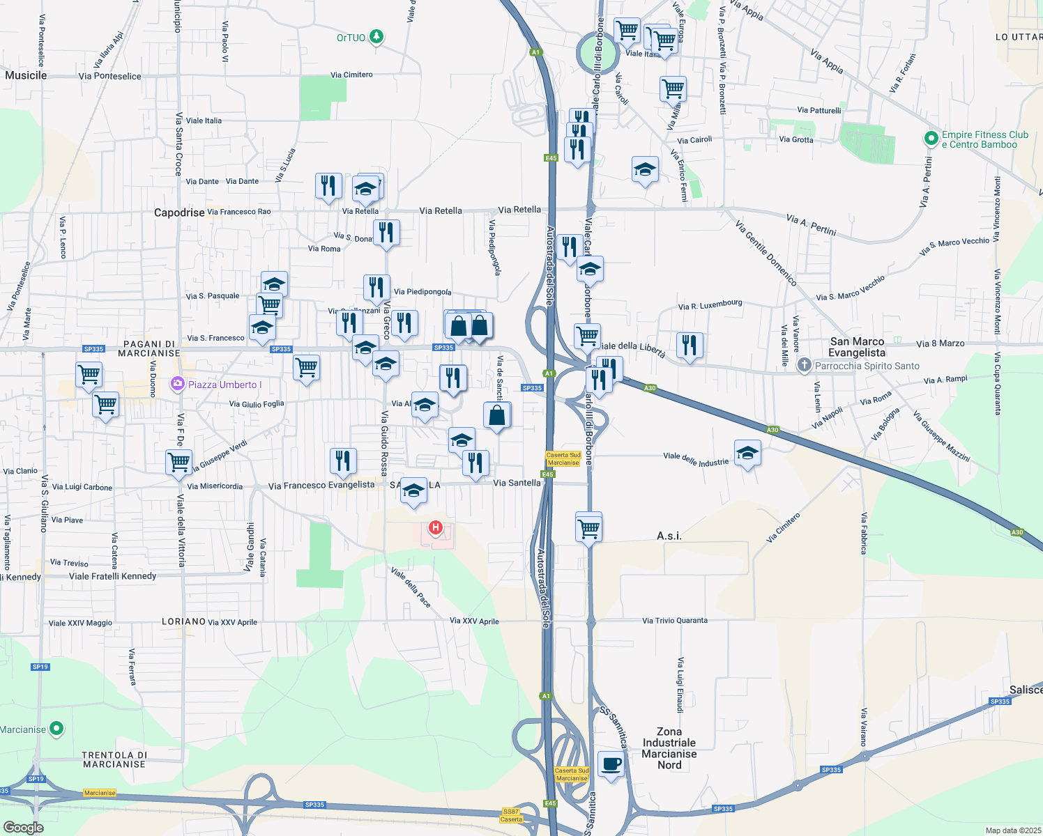 map of restaurants, bars, coffee shops, grocery stores, and more near 19 Via Giudice Falcone in Marcianise
