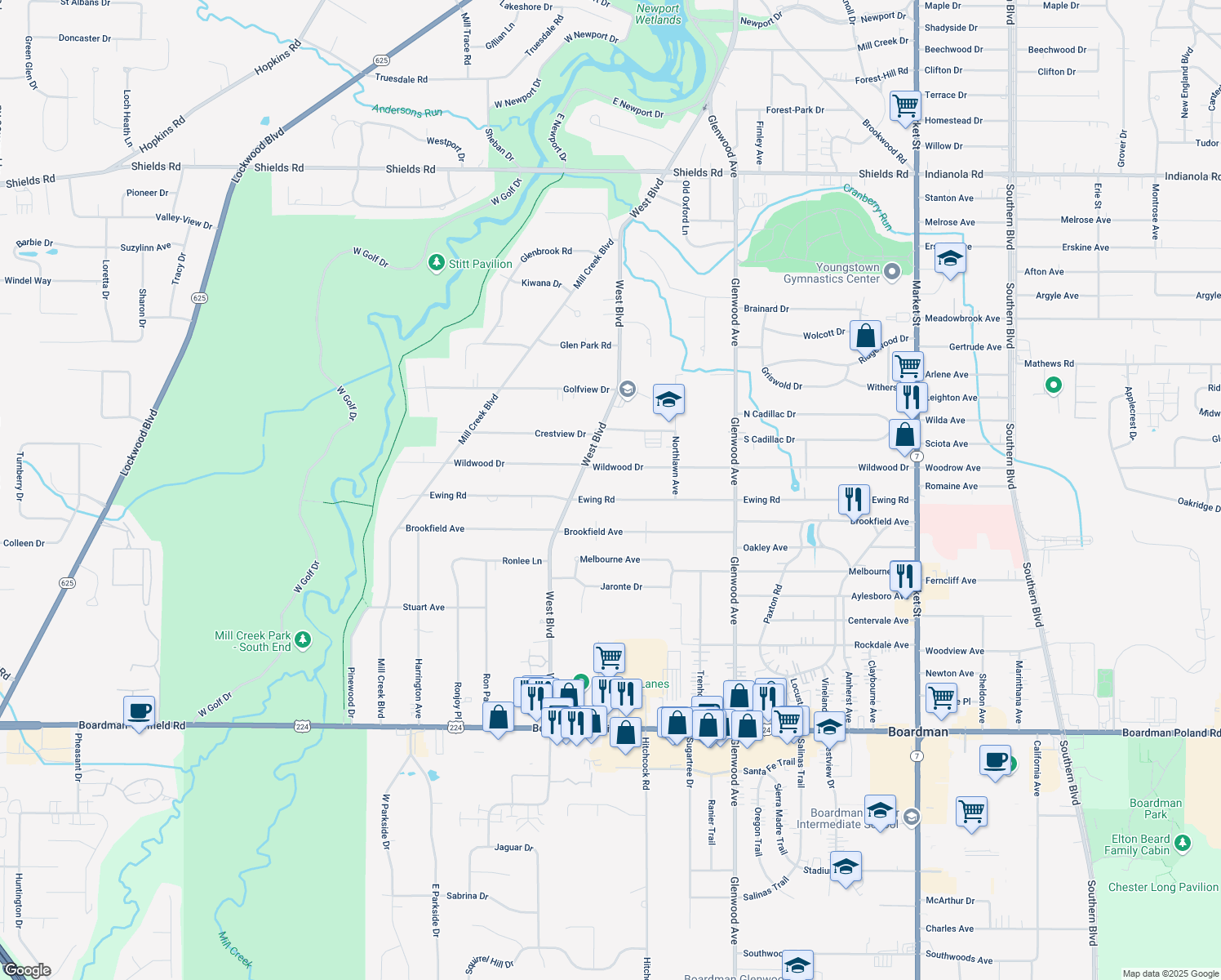 map of restaurants, bars, coffee shops, grocery stores, and more near 470 Ewing Rd in Youngstown