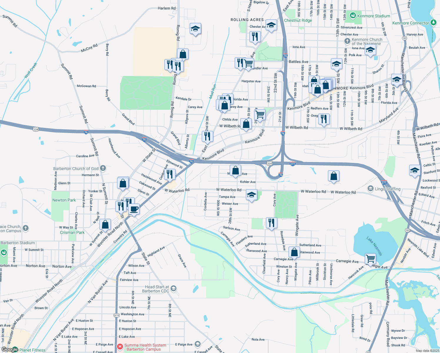 map of restaurants, bars, coffee shops, grocery stores, and more near 2549 30th St SW in Akron