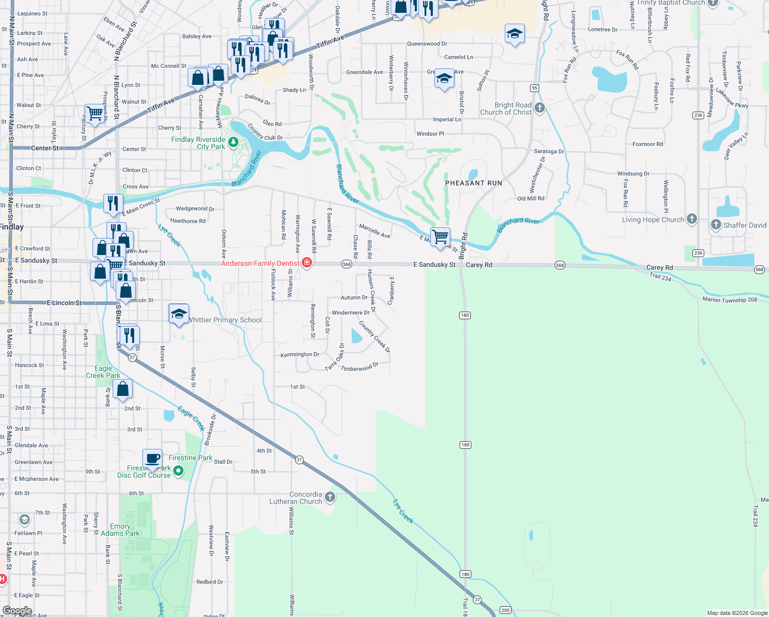 map of restaurants, bars, coffee shops, grocery stores, and more near 1549 Autumn Dr in Findlay