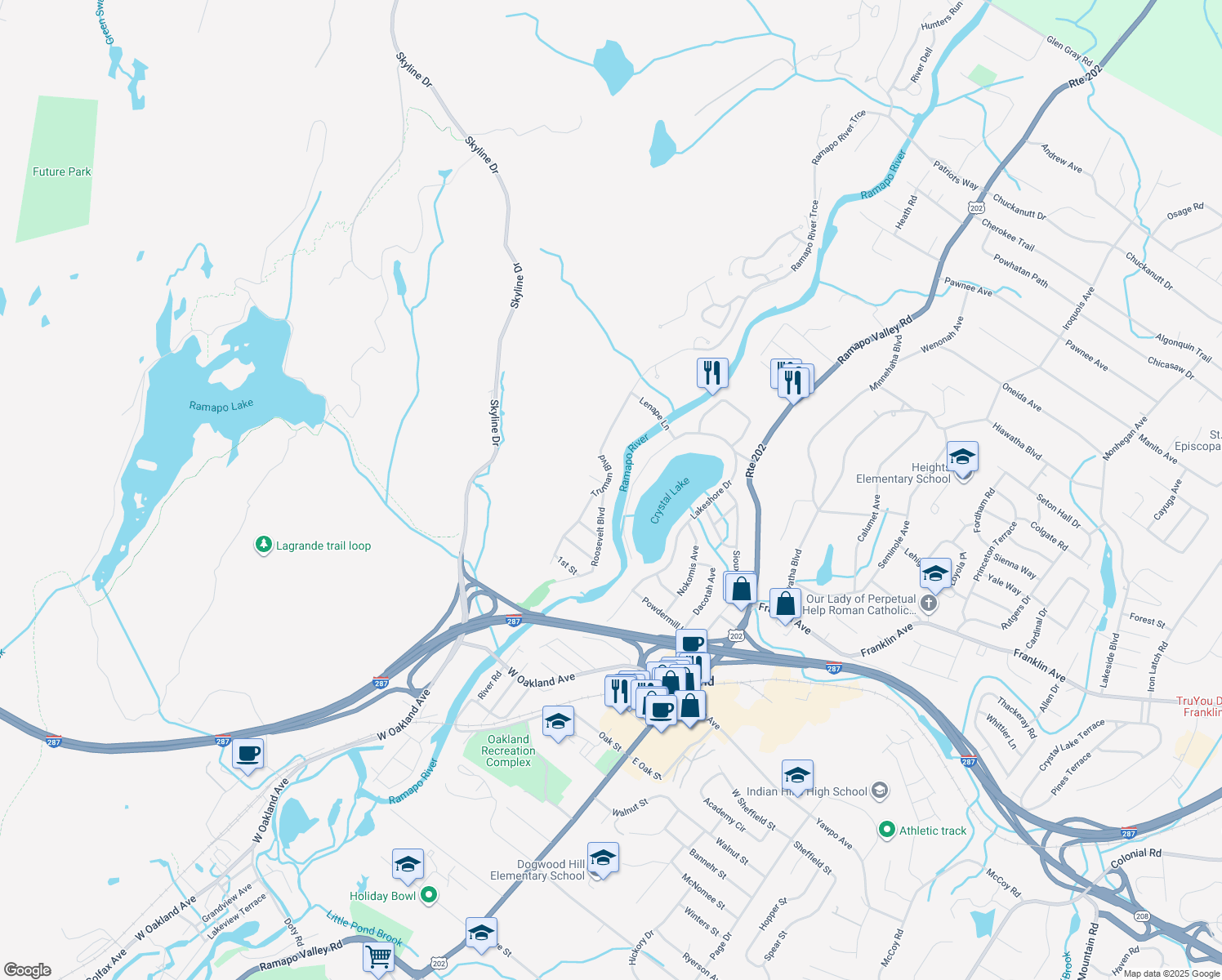 map of restaurants, bars, coffee shops, grocery stores, and more near 118 Roosevelt Blvd in Oakland
