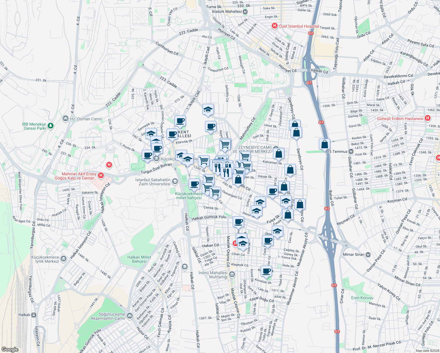 map of restaurants, bars, coffee shops, grocery stores, and more near 34 Fatih Caddesi in Küçükçekmece