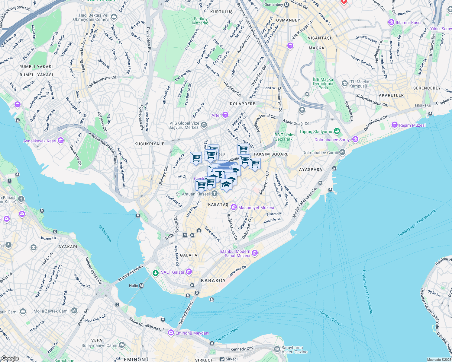 map of restaurants, bars, coffee shops, grocery stores, and more near İstiklal Caddesi in Beyoğlu