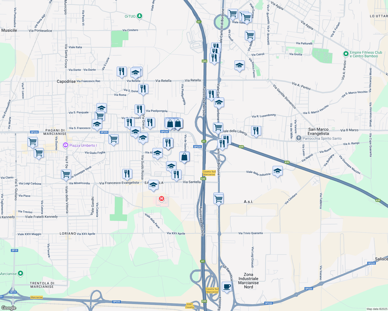 map of restaurants, bars, coffee shops, grocery stores, and more near 19 Via Giudice Falcone in Marcianise
