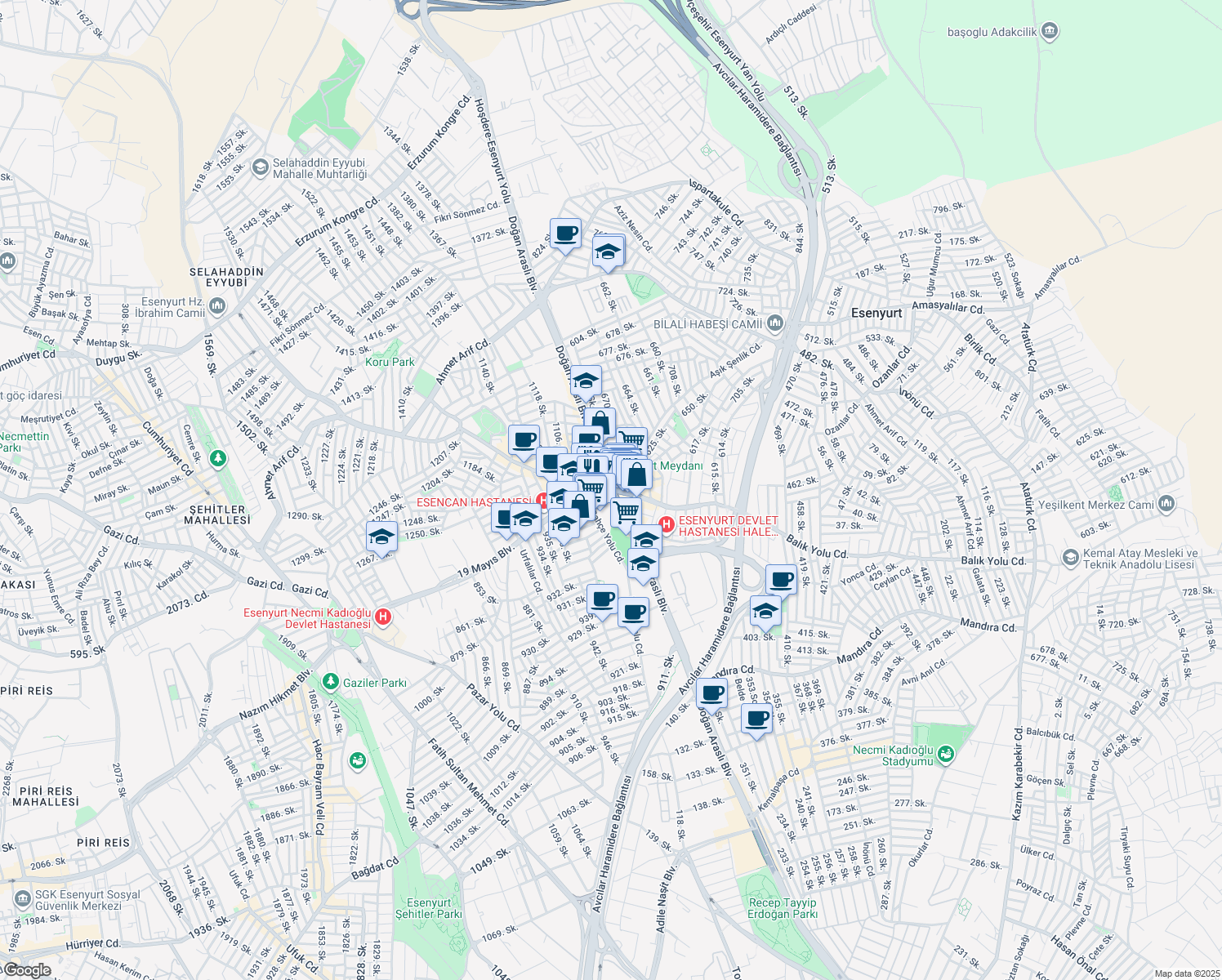 map of restaurants, bars, coffee shops, grocery stores, and more near in Esenyurt