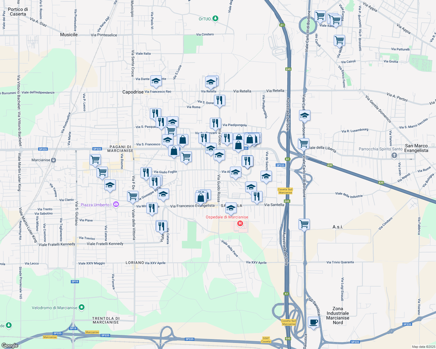 map of restaurants, bars, coffee shops, grocery stores, and more near 67 Via Piersanti Mattarella in Marcianise
