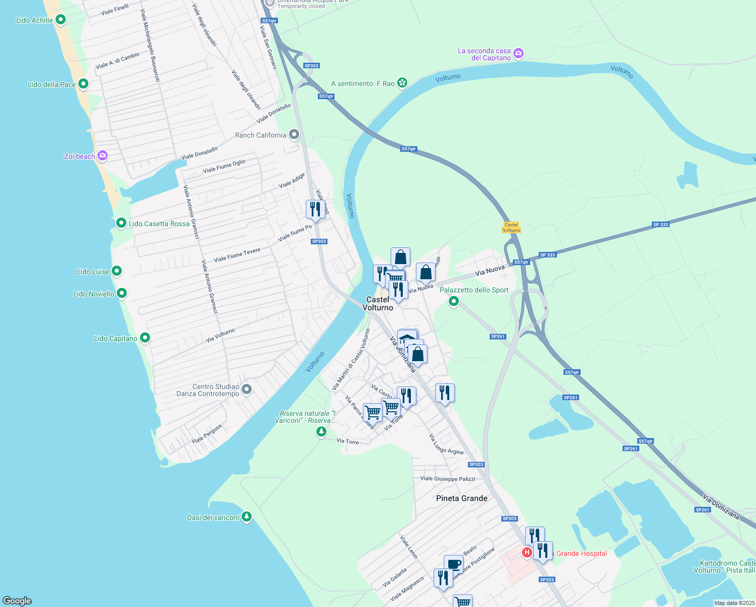 map of restaurants, bars, coffee shops, grocery stores, and more near in Castel Volturno