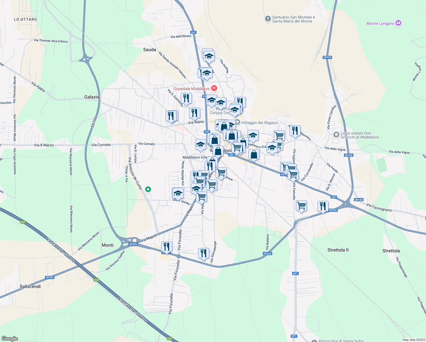 map of restaurants, bars, coffee shops, grocery stores, and more near 54 Via Napoli in Maddaloni