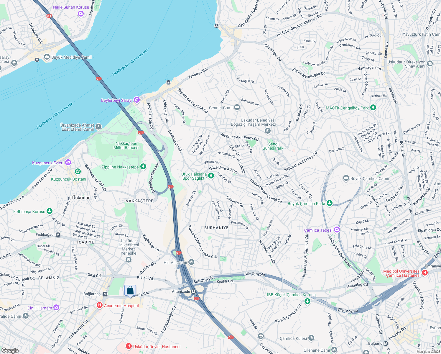 map of restaurants, bars, coffee shops, grocery stores, and more near 42 Nuri Bey Sokak in Üsküdar