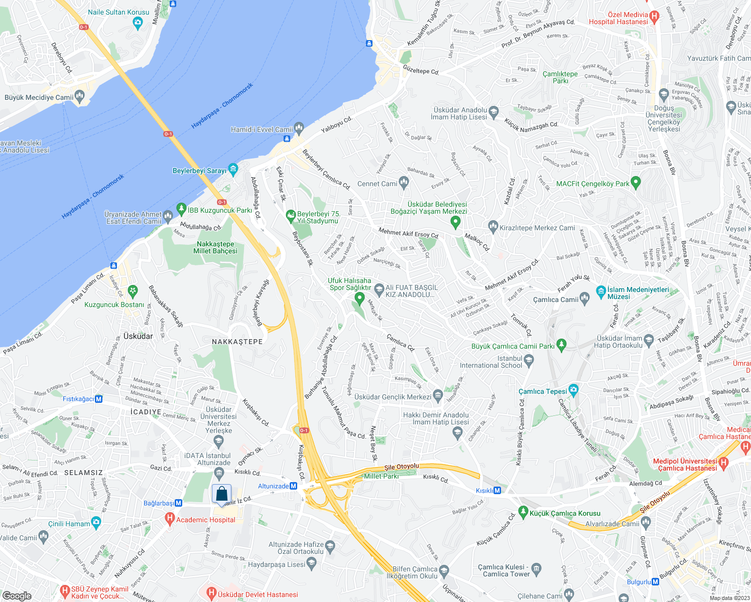 map of restaurants, bars, coffee shops, grocery stores, and more near 42 Nuri Bey Sokak in Üsküdar