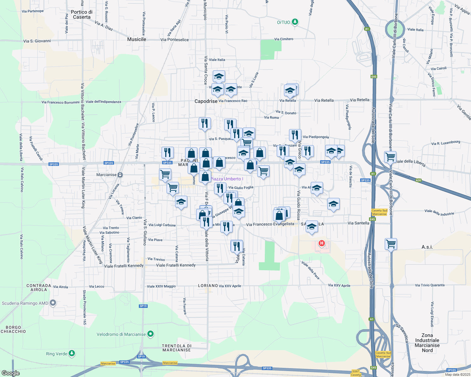 map of restaurants, bars, coffee shops, grocery stores, and more near 22 Via Alessandro Scarlatti in Marcianise