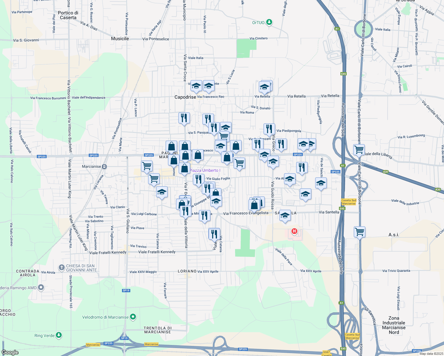 map of restaurants, bars, coffee shops, grocery stores, and more near 95 Via Giuseppe Verdi in Marcianise