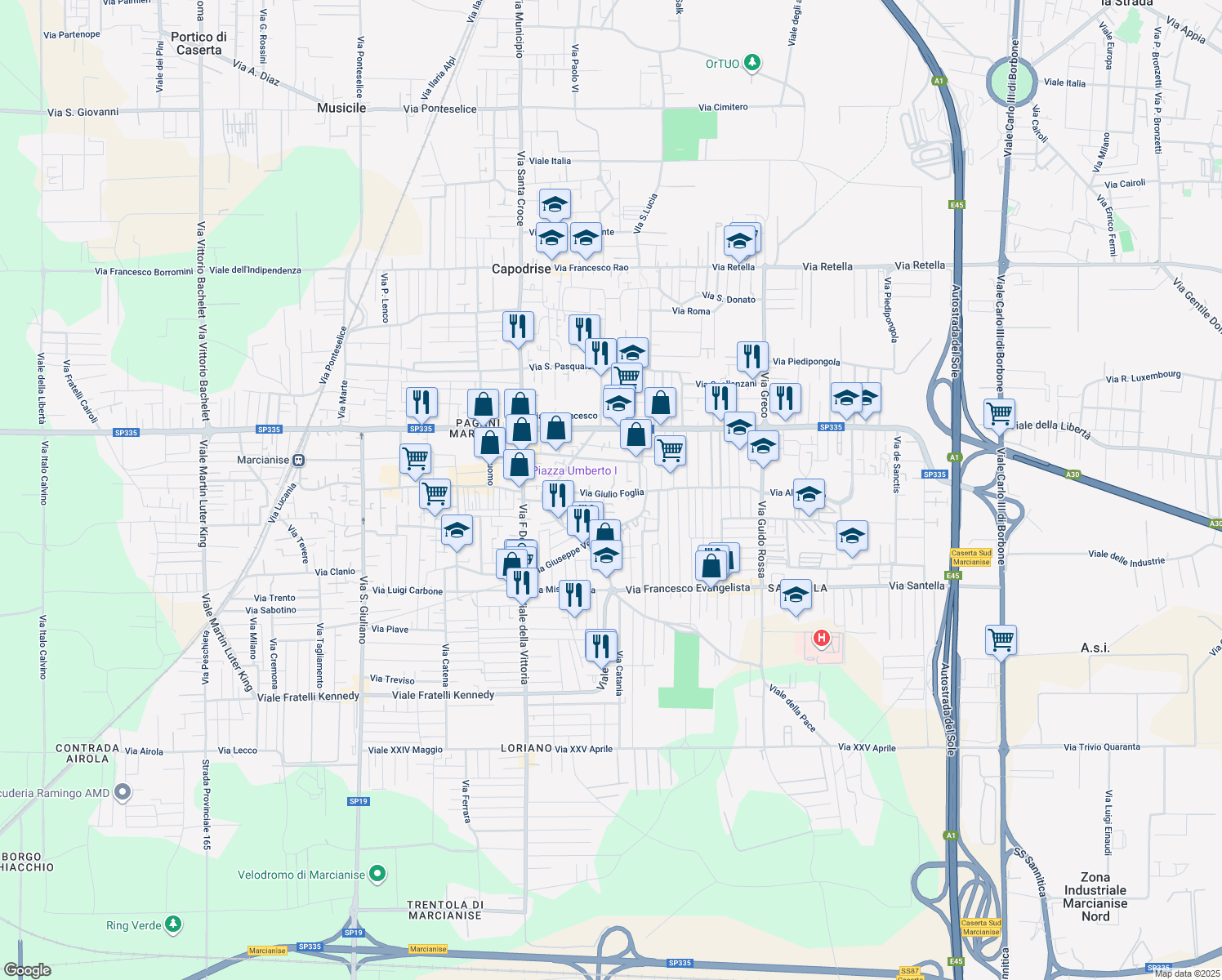map of restaurants, bars, coffee shops, grocery stores, and more near 22 Via Alessandro Scarlatti in Marcianise