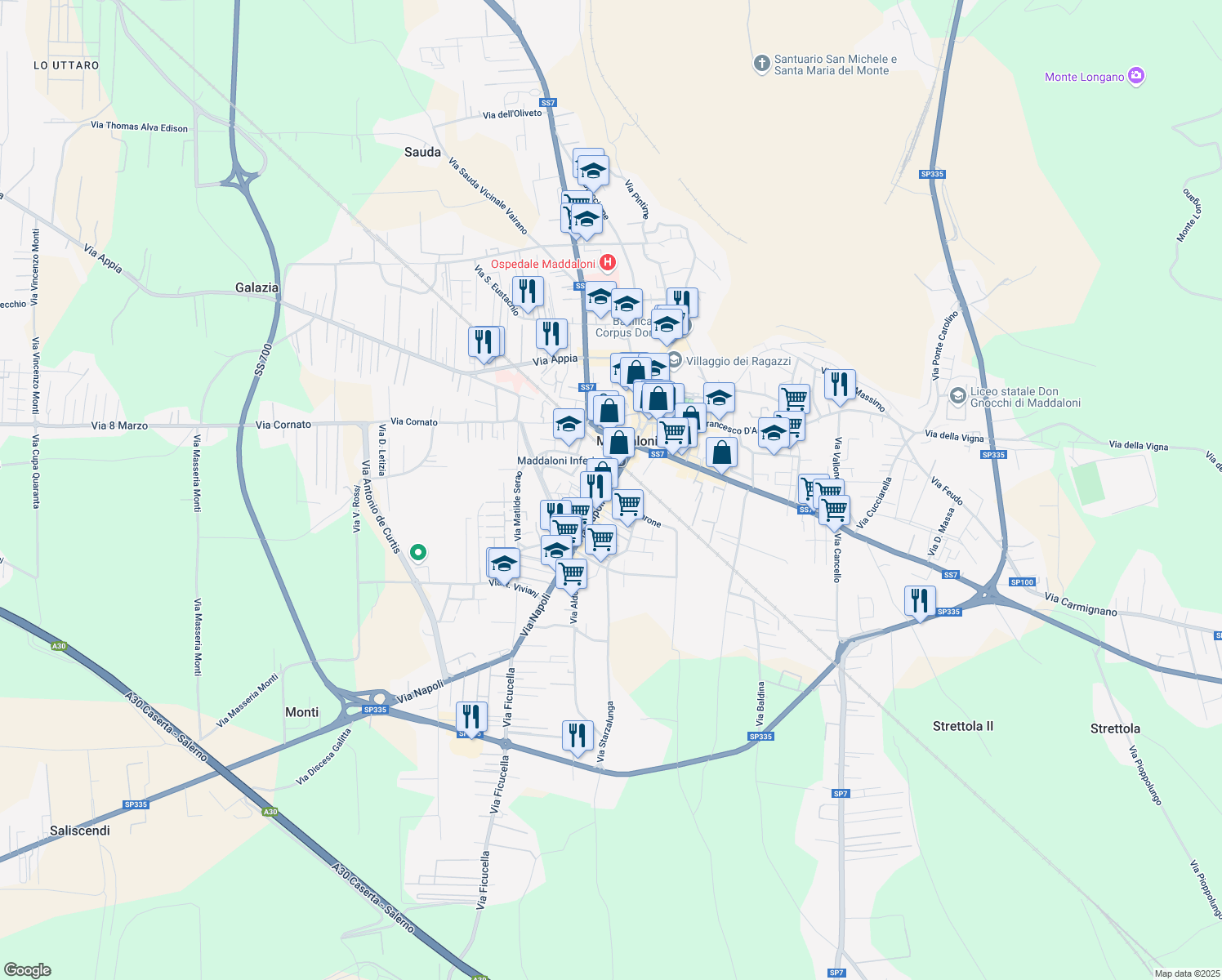 map of restaurants, bars, coffee shops, grocery stores, and more near 9 Via Napoli in Maddaloni