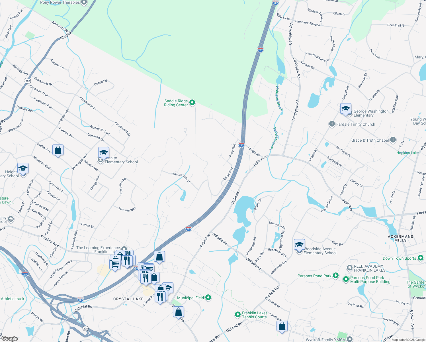 map of restaurants, bars, coffee shops, grocery stores, and more near 853 Shadow Ridge Road in Franklin Lakes