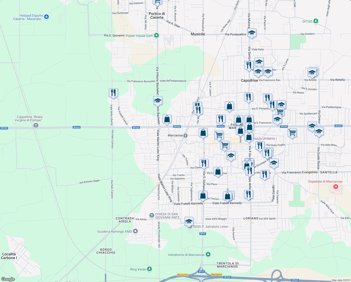 map of restaurants, bars, coffee shops, grocery stores, and more near 17 Via Enrico Toti in Marcianise