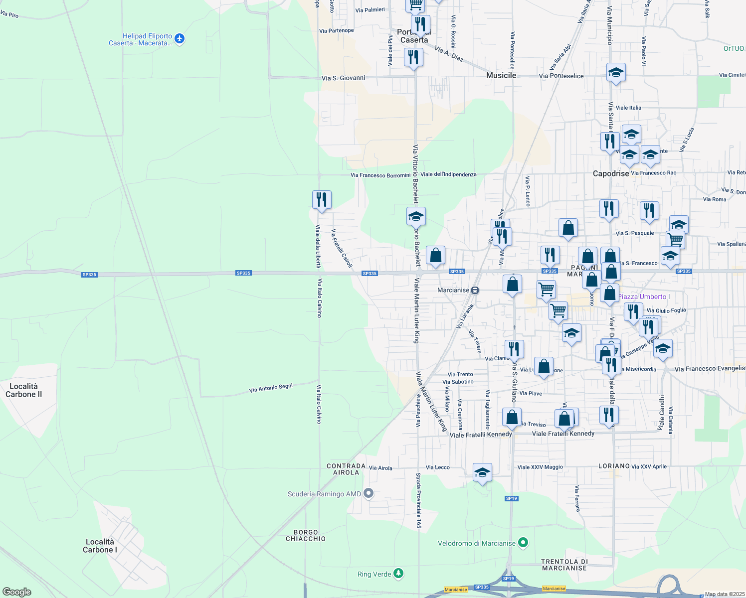 map of restaurants, bars, coffee shops, grocery stores, and more near 42 Via Lucca in Marcianise