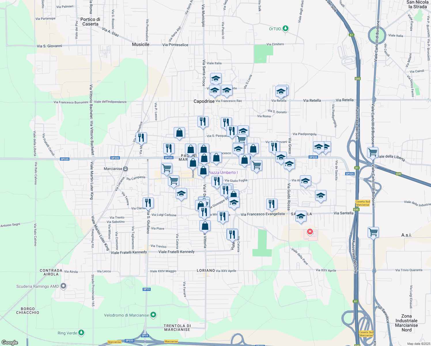 map of restaurants, bars, coffee shops, grocery stores, and more near 35 Via de Maio Paolo in Marcianise