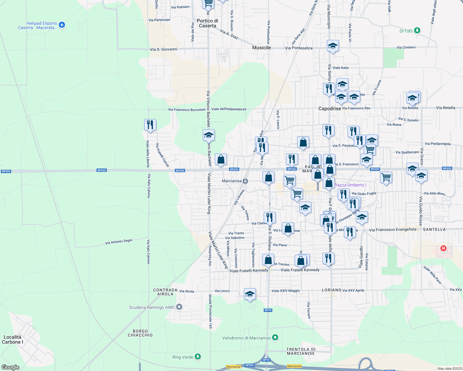 map of restaurants, bars, coffee shops, grocery stores, and more near 17 Via Enrico Toti in Marcianise
