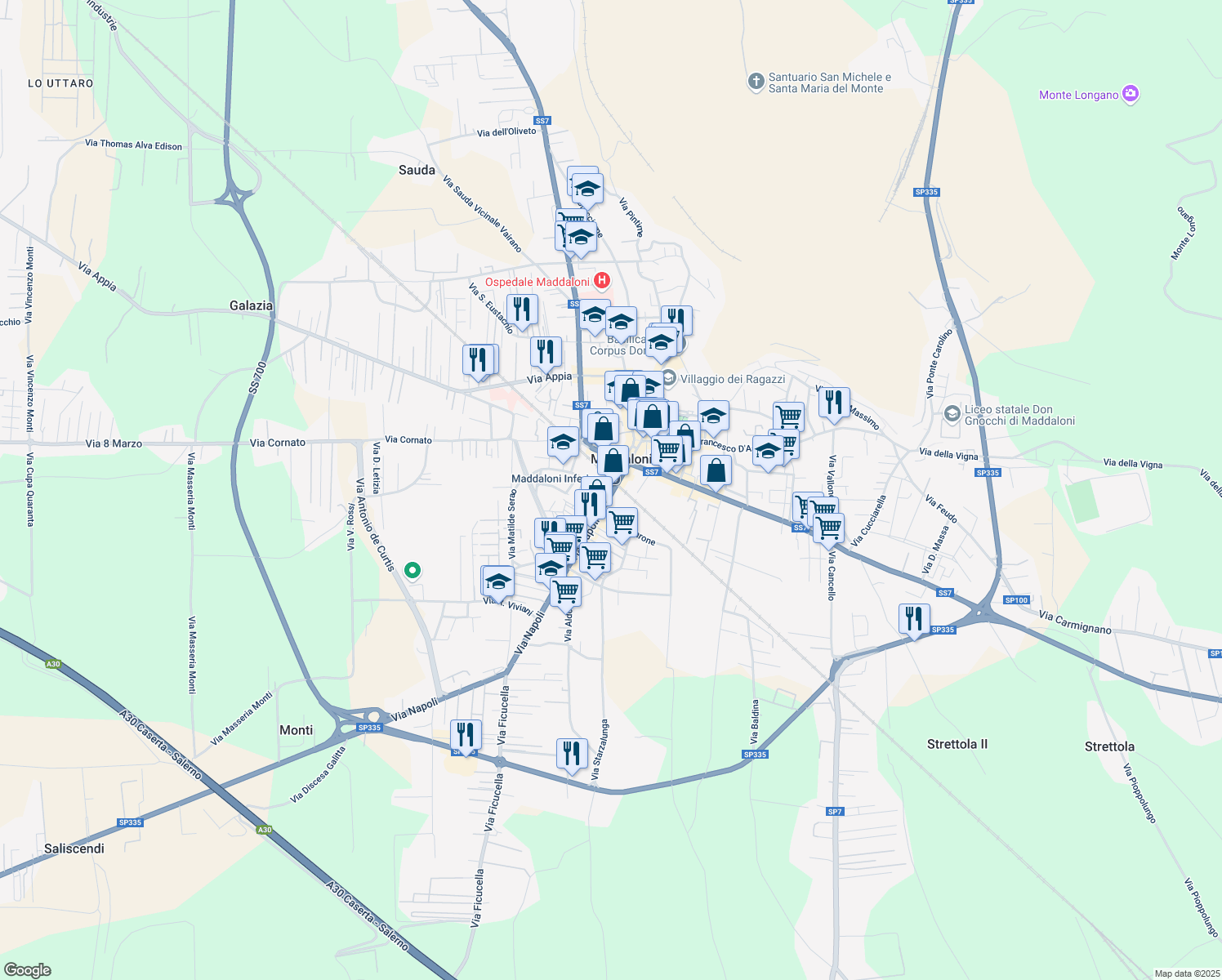 map of restaurants, bars, coffee shops, grocery stores, and more near 9 Via Napoli in Maddaloni