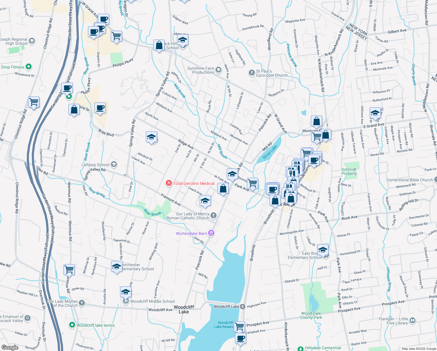 map of restaurants, bars, coffee shops, grocery stores, and more near 26 W Park Ave in Park Ridge