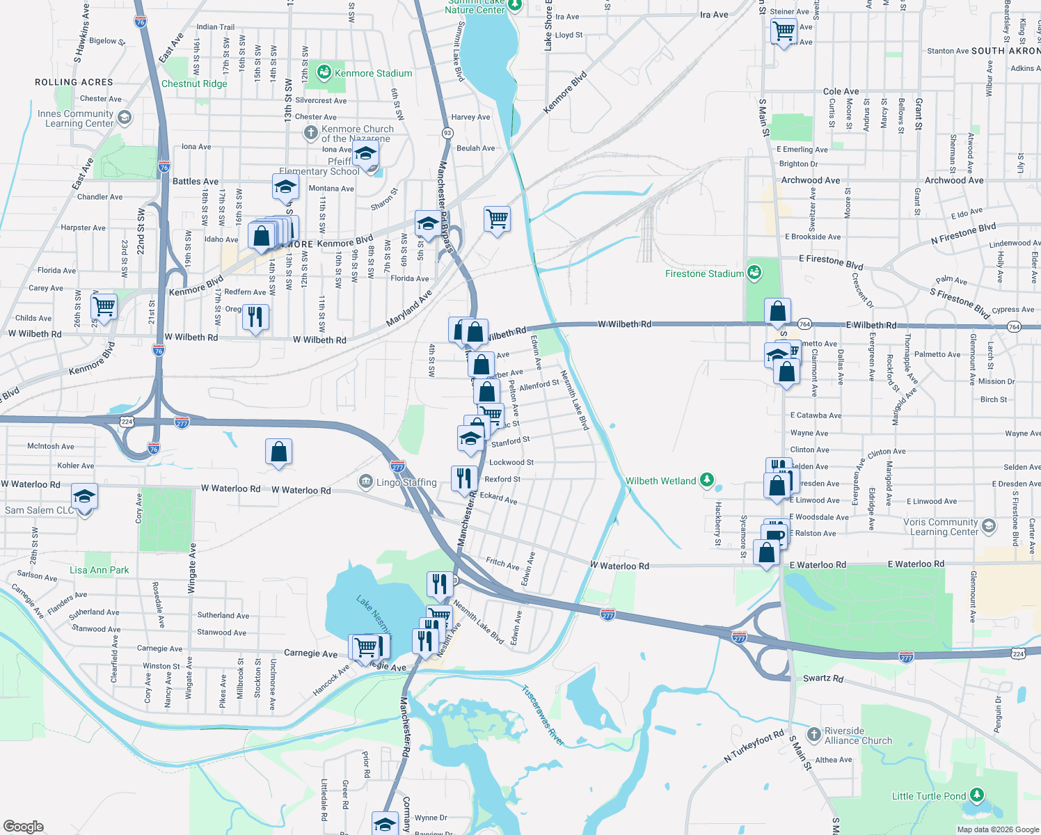 map of restaurants, bars, coffee shops, grocery stores, and more near 451 Celtic Street in Akron