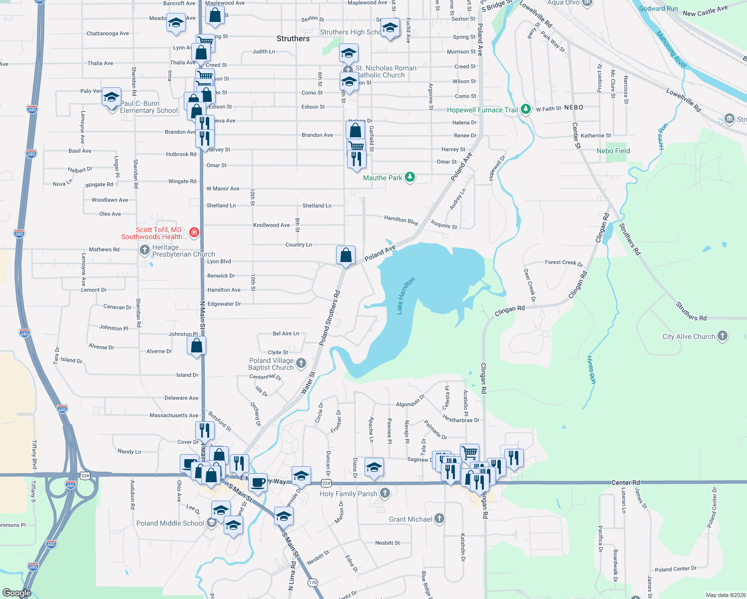 map of restaurants, bars, coffee shops, grocery stores, and more near 89 Lakeshore Drive in Struthers