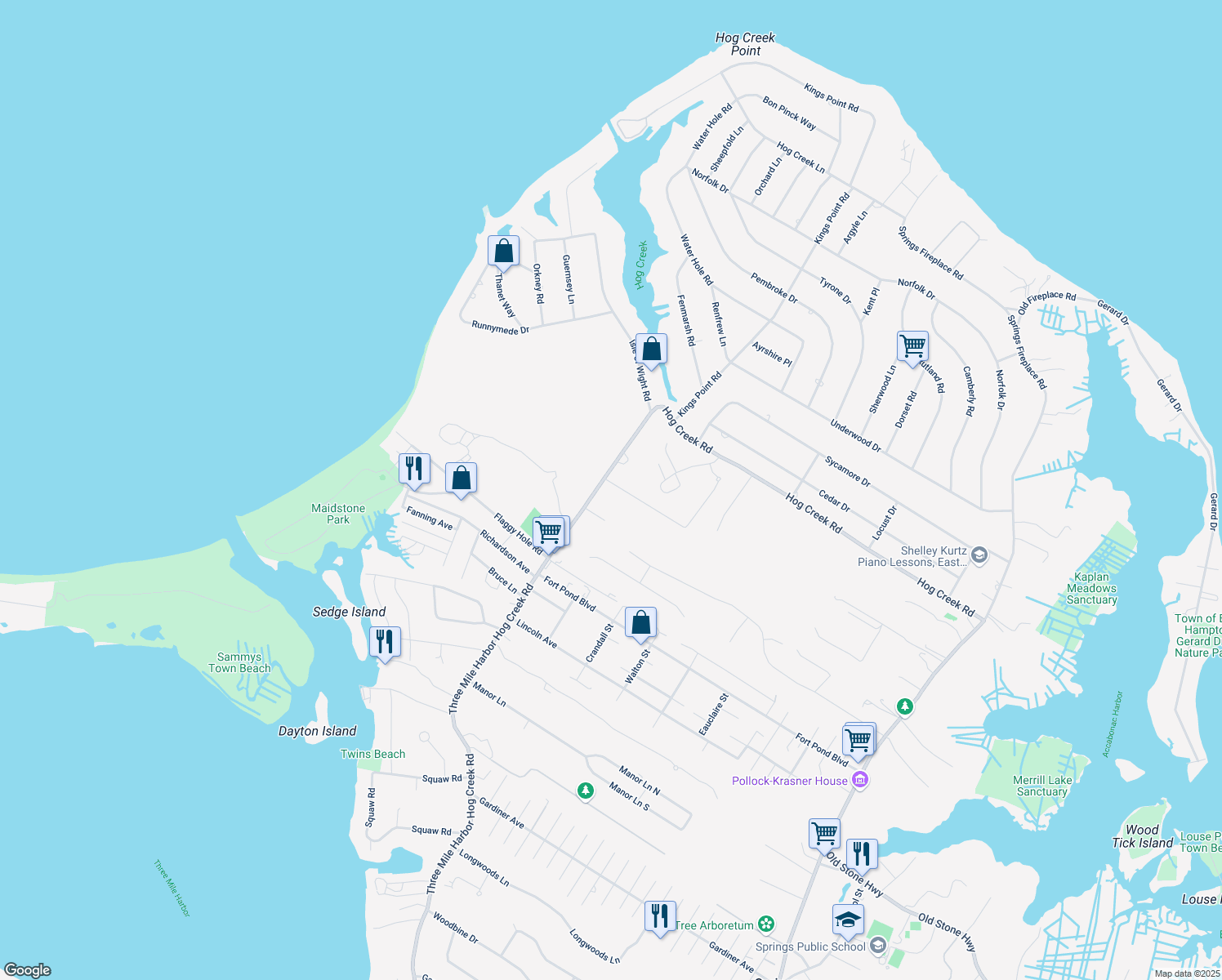 map of restaurants, bars, coffee shops, grocery stores, and more near 2 Deer Path in East Hampton