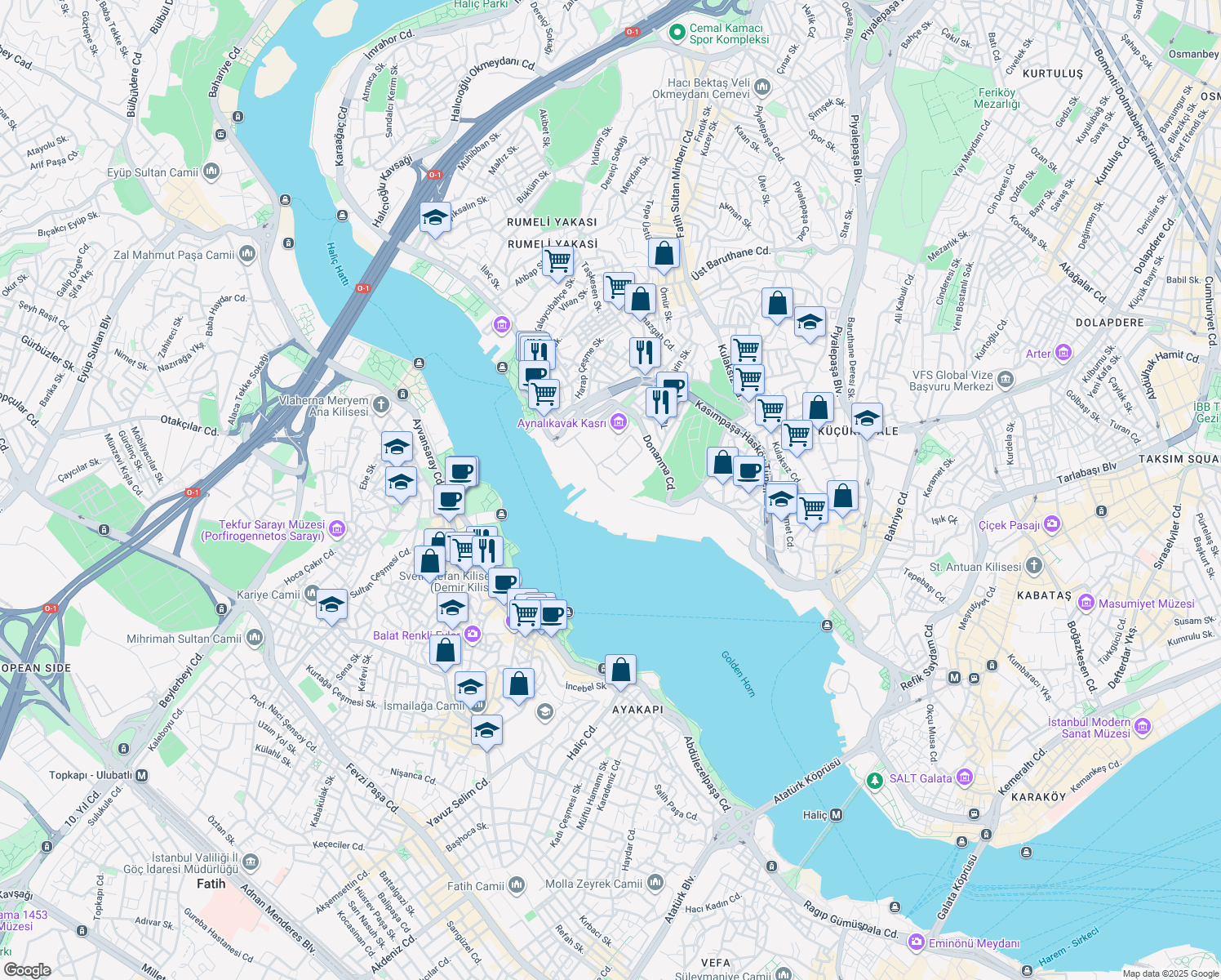 map of restaurants, bars, coffee shops, grocery stores, and more near 27 Donanma Caddesi in Beyoğlu