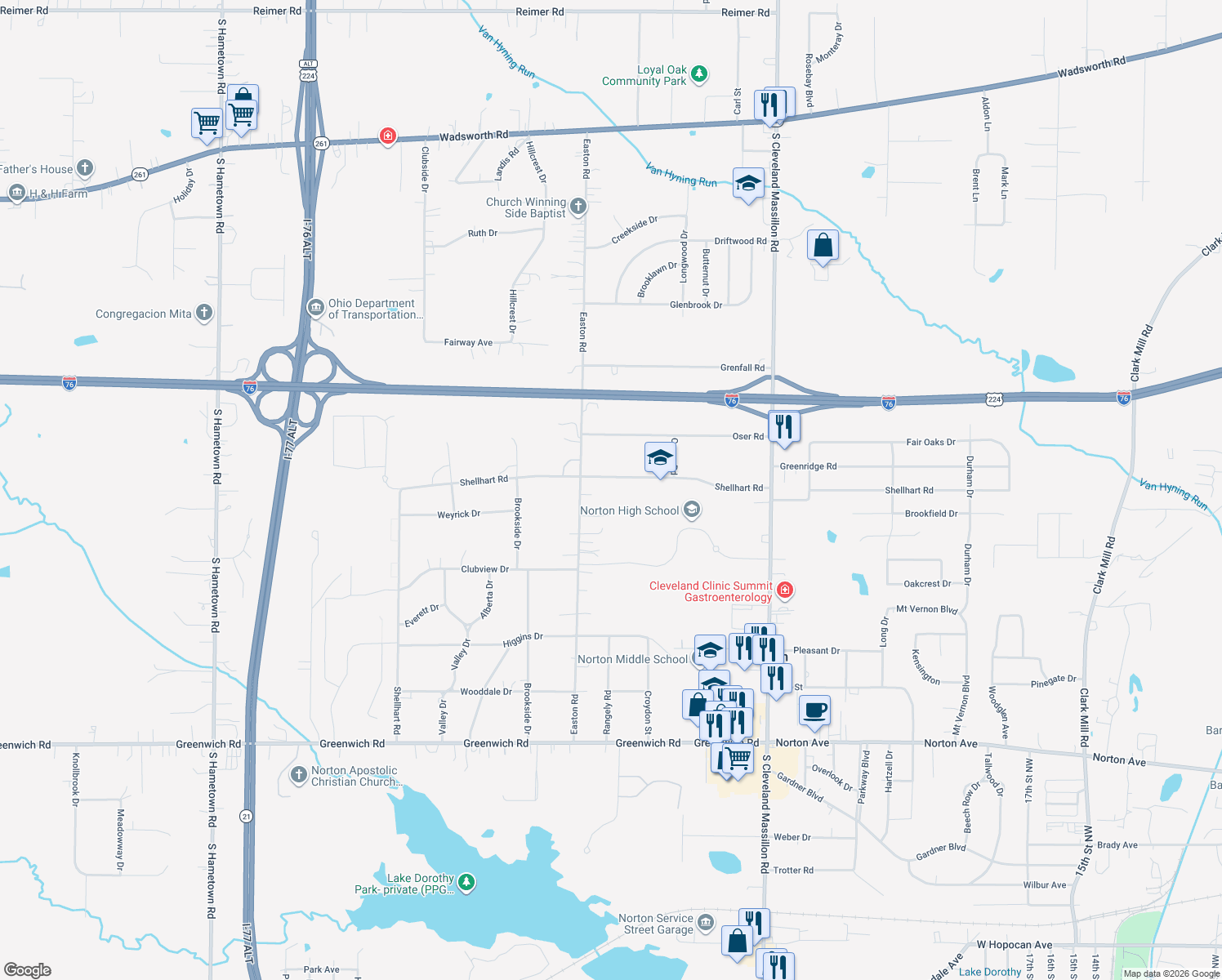 map of restaurants, bars, coffee shops, grocery stores, and more near 3320 Shellhart Rd in Norton