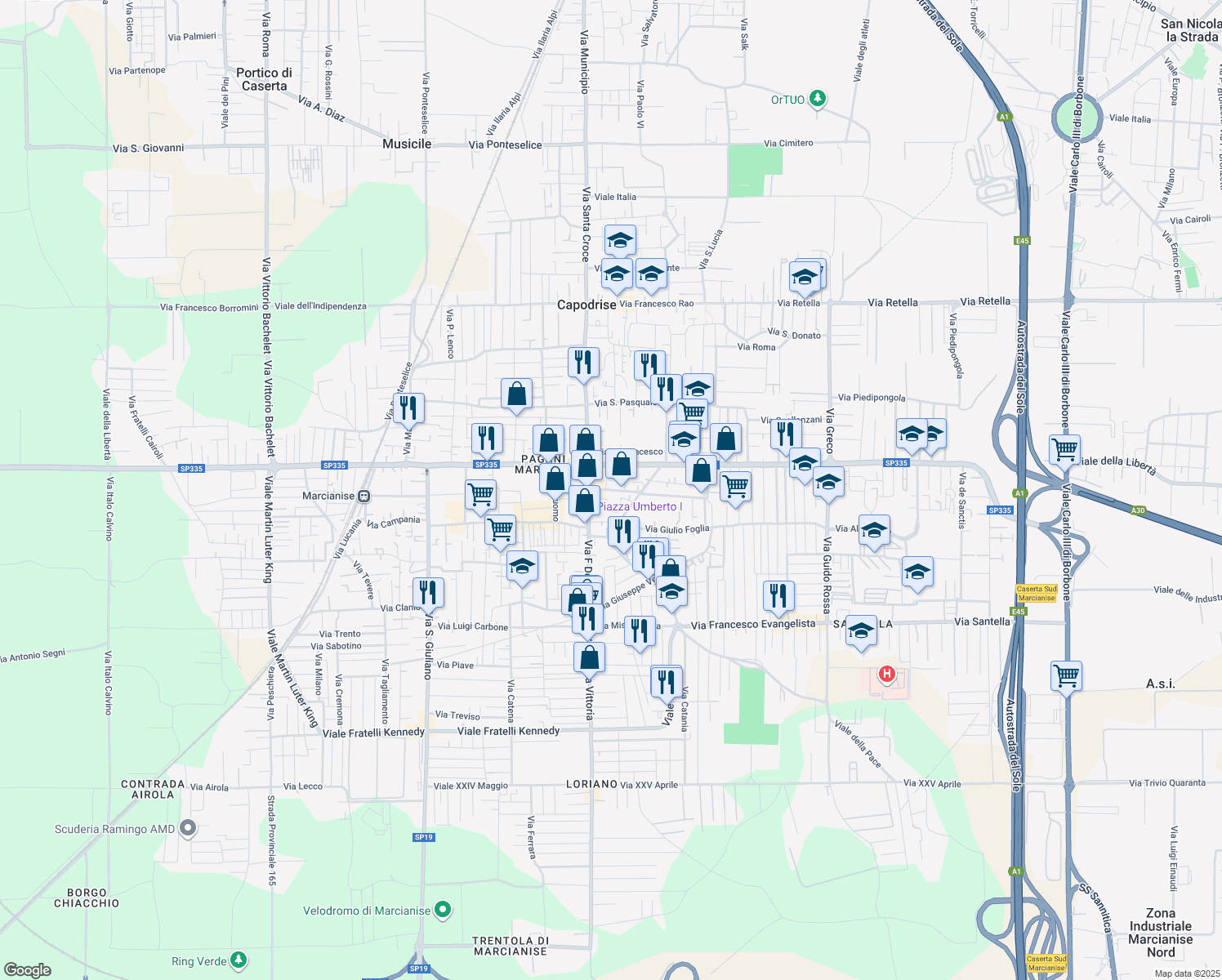 map of restaurants, bars, coffee shops, grocery stores, and more near 35 Via de Maio Paolo in Marcianise