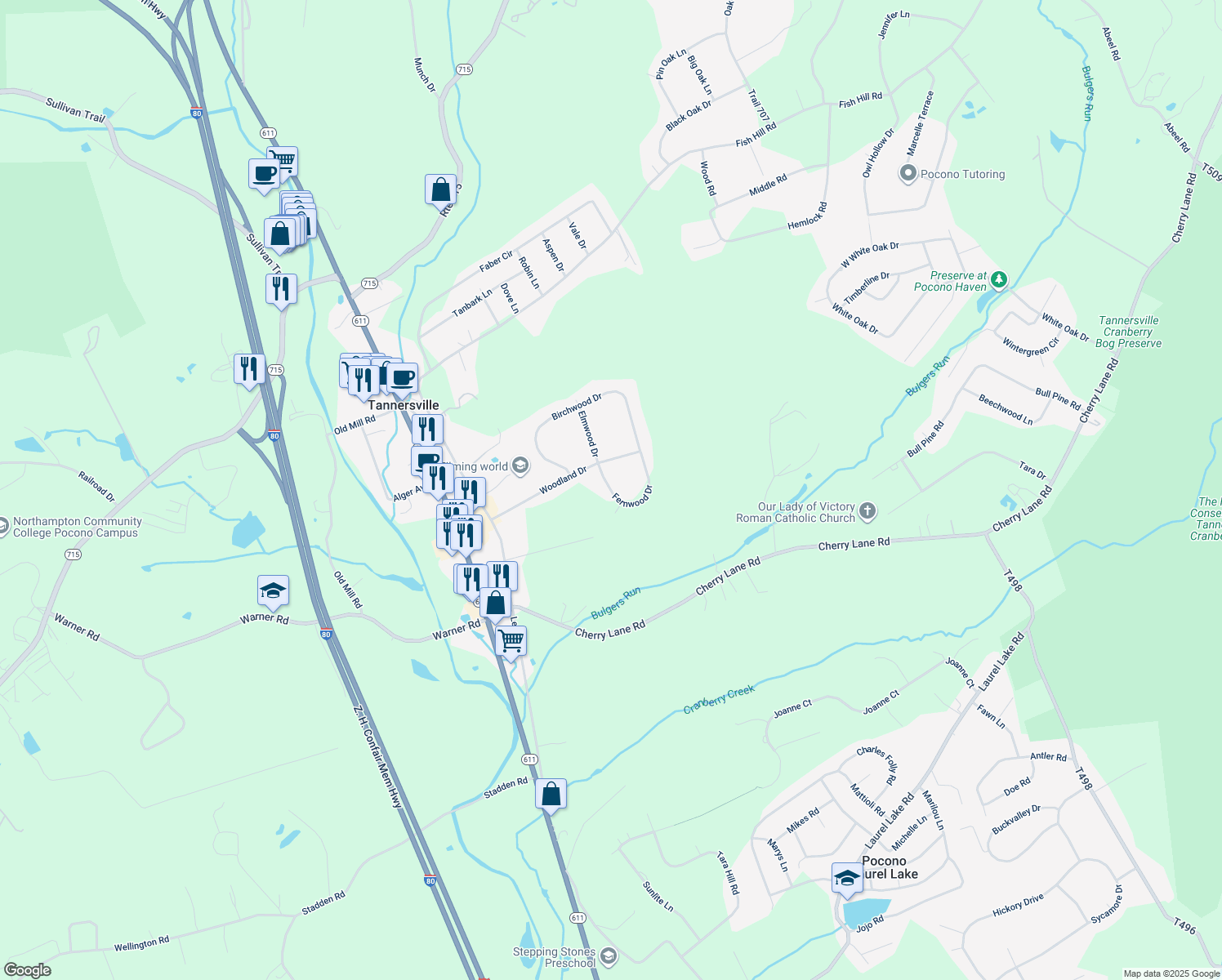 map of restaurants, bars, coffee shops, grocery stores, and more near Fernwood Drive in Tannersville