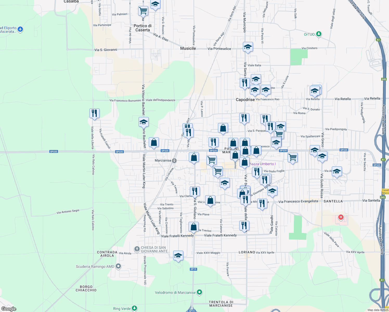 map of restaurants, bars, coffee shops, grocery stores, and more near Via Saverio Merola in Marcianise