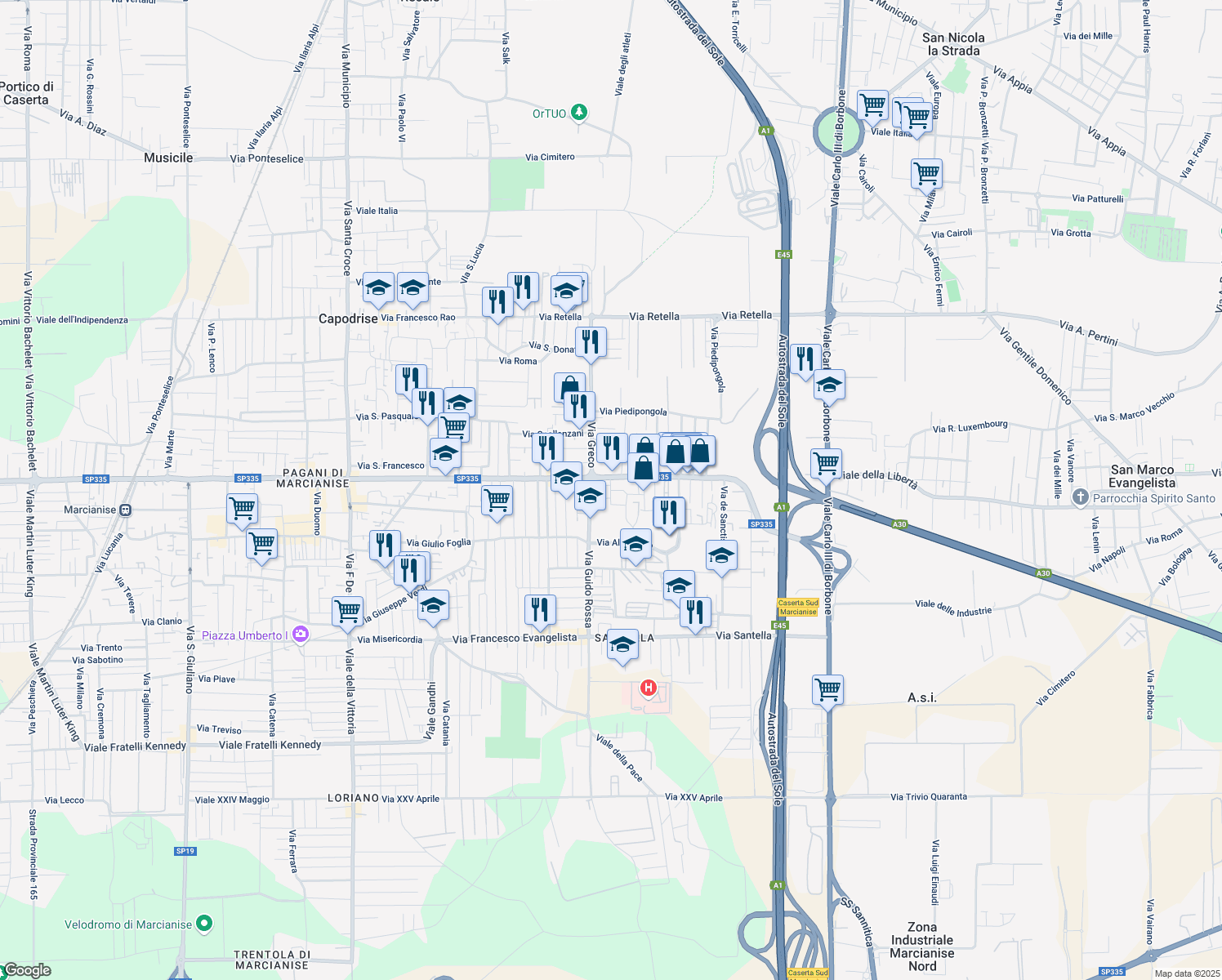 map of restaurants, bars, coffee shops, grocery stores, and more near 3 Via Benedetto Croce in Marcianise