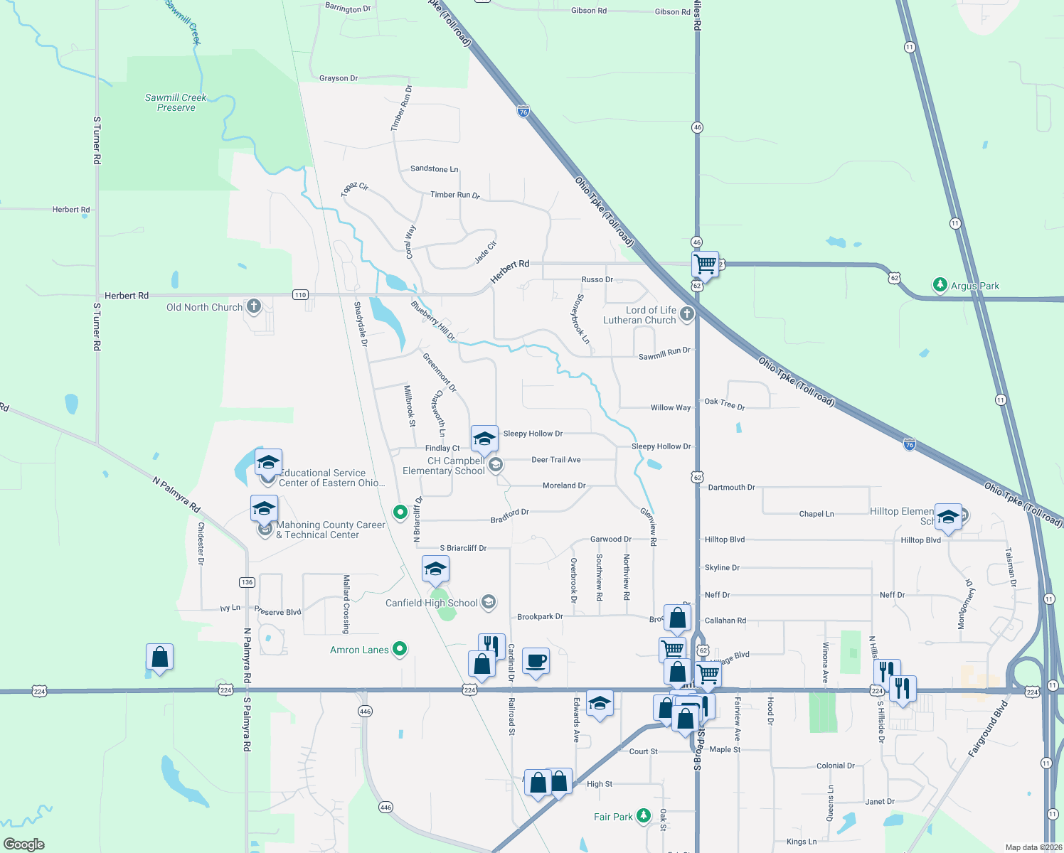 map of restaurants, bars, coffee shops, grocery stores, and more near 330 Sleepy Hollow Dr in Canfield