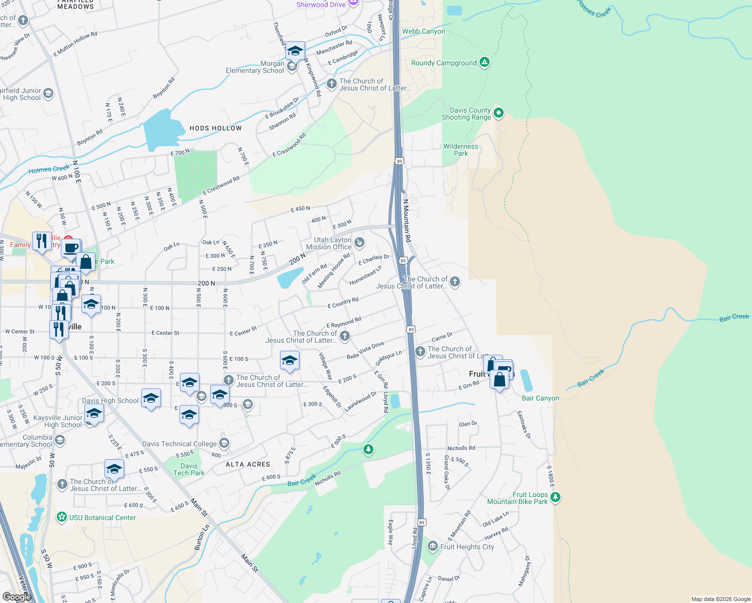 map of restaurants, bars, coffee shops, grocery stores, and more near 1164 E Country Rd in Fruit Heights