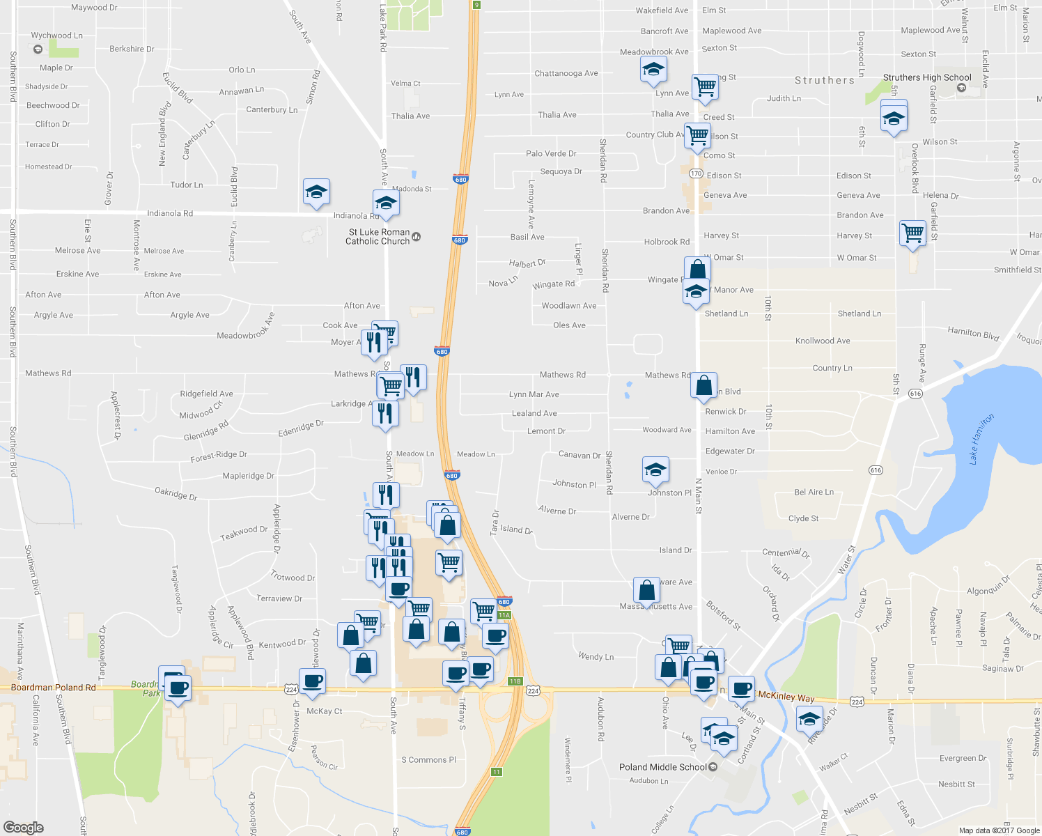 map of restaurants, bars, coffee shops, grocery stores, and more near 1787 Lealand Avenue in Youngstown