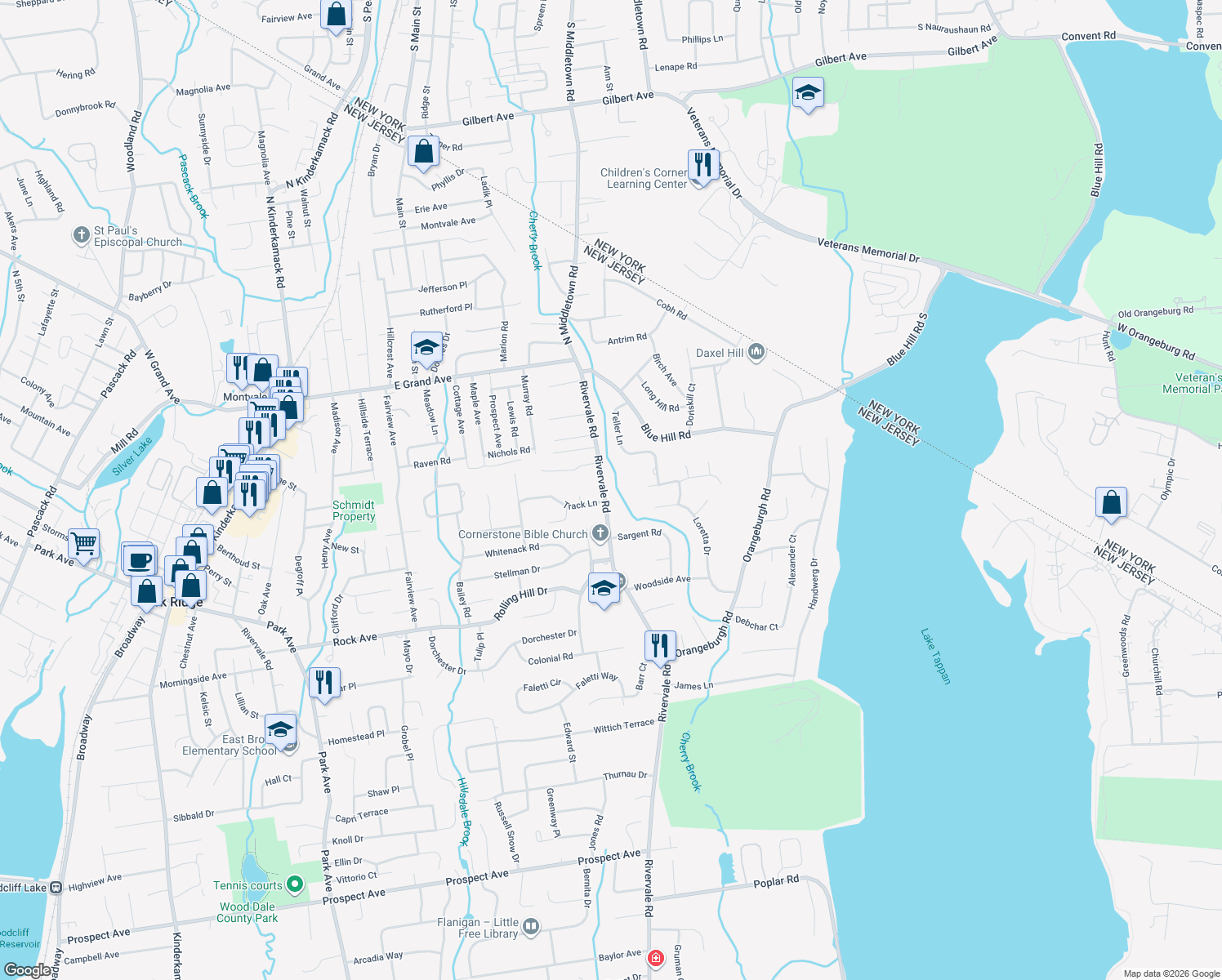 map of restaurants, bars, coffee shops, grocery stores, and more near 850 Rivervale Road in River Vale