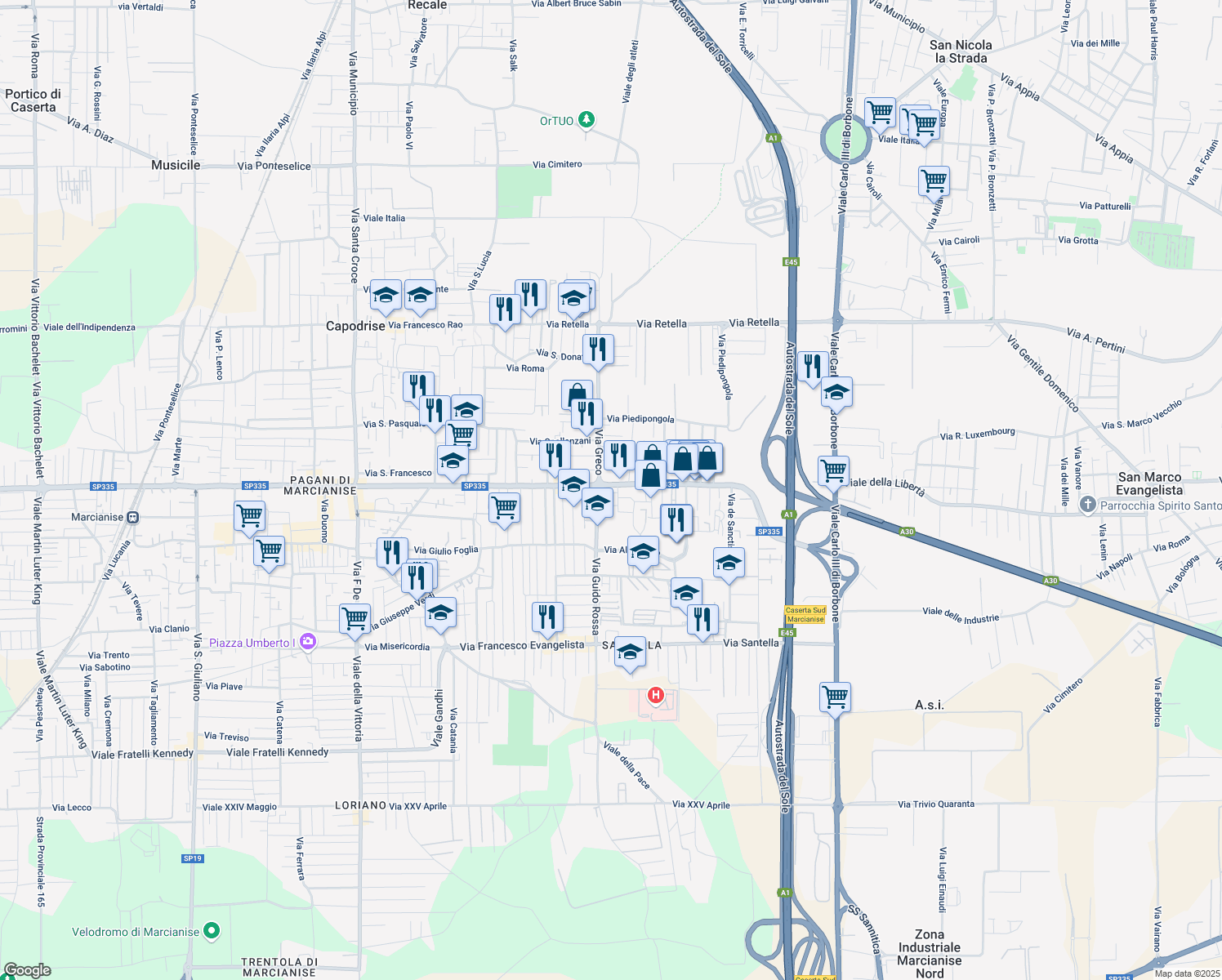 map of restaurants, bars, coffee shops, grocery stores, and more near 3 Via Benedetto Croce in Marcianise