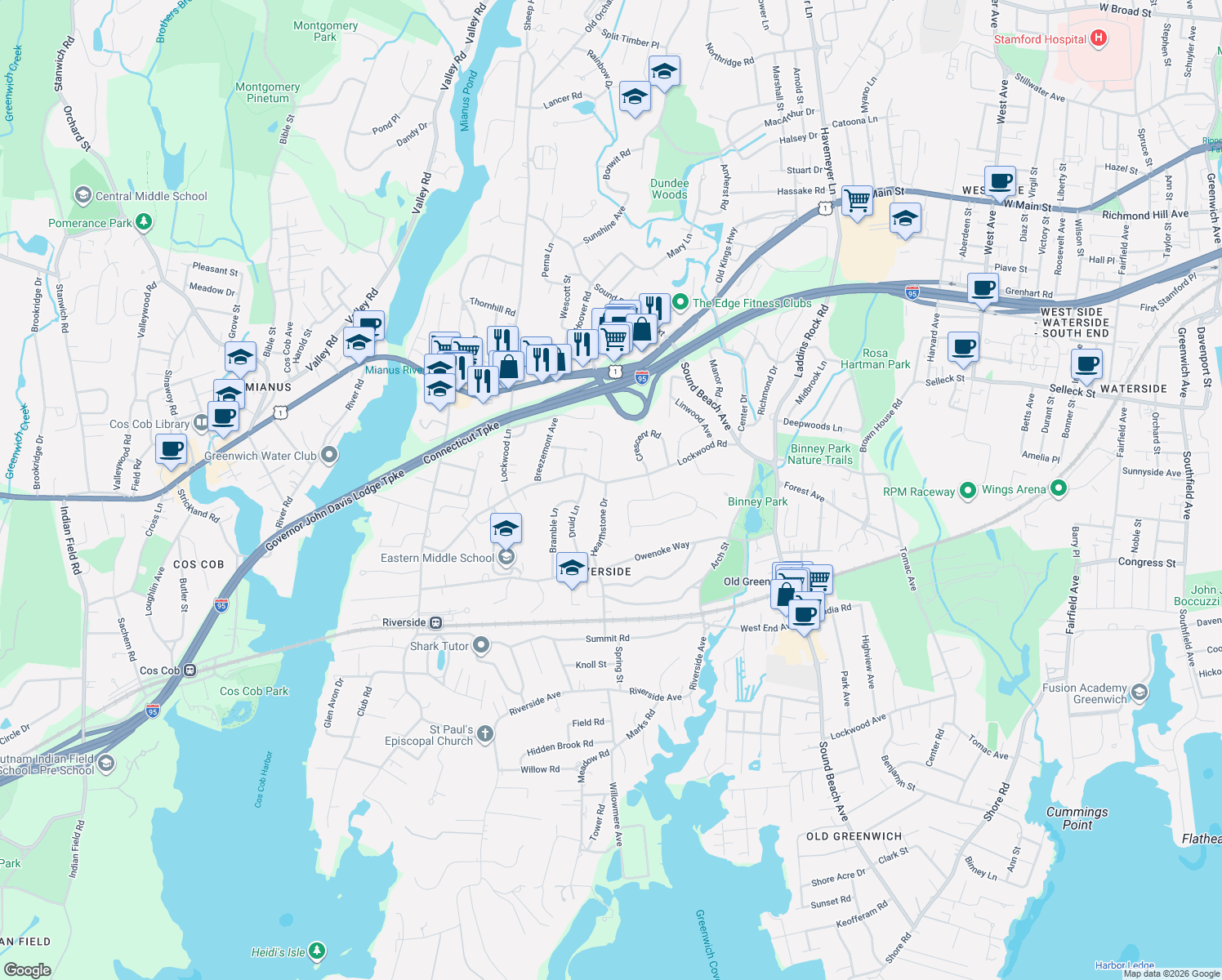 map of restaurants, bars, coffee shops, grocery stores, and more near 116 Lockwood Rd in Greenwich
