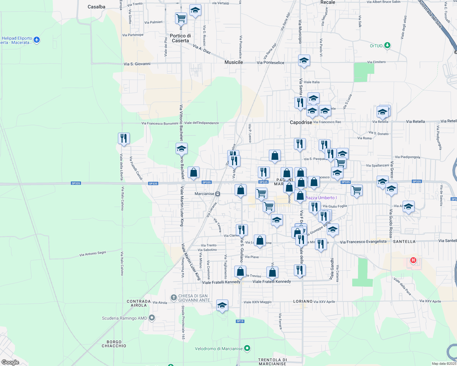 map of restaurants, bars, coffee shops, grocery stores, and more near Via Saverio Merola in Marcianise