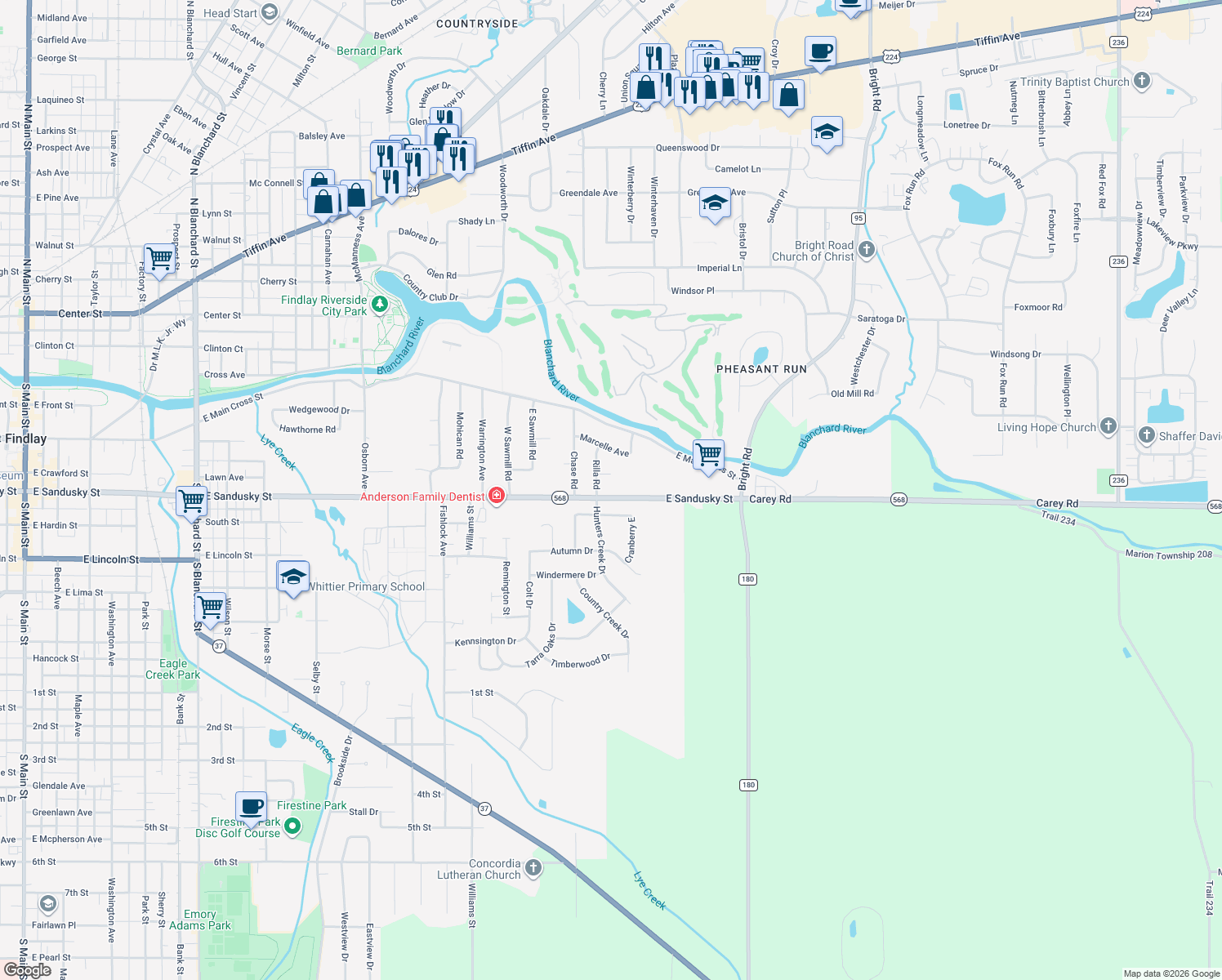 map of restaurants, bars, coffee shops, grocery stores, and more near 1530 E Sandusky St in Findlay