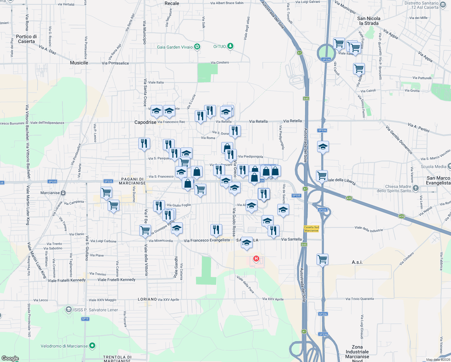 map of restaurants, bars, coffee shops, grocery stores, and more near 294 Via Raffaele Musone in Marcianise