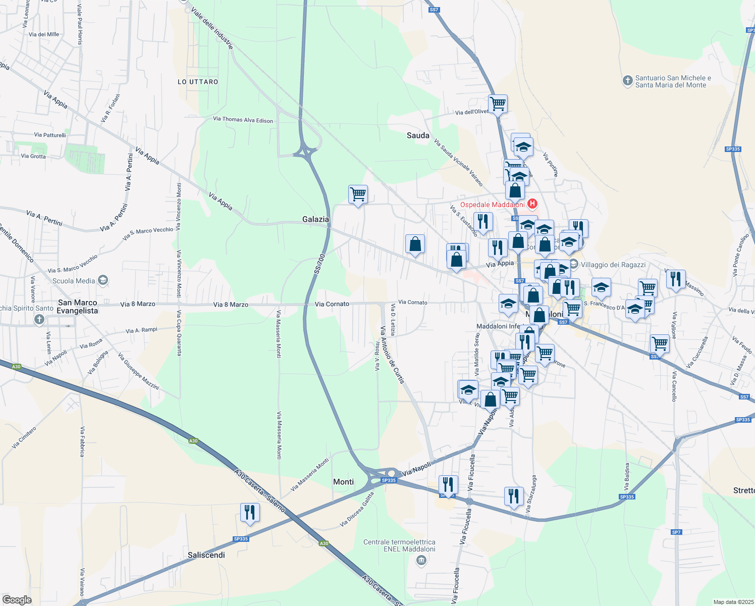 map of restaurants, bars, coffee shops, grocery stores, and more near 91 Via Cornato in Maddaloni