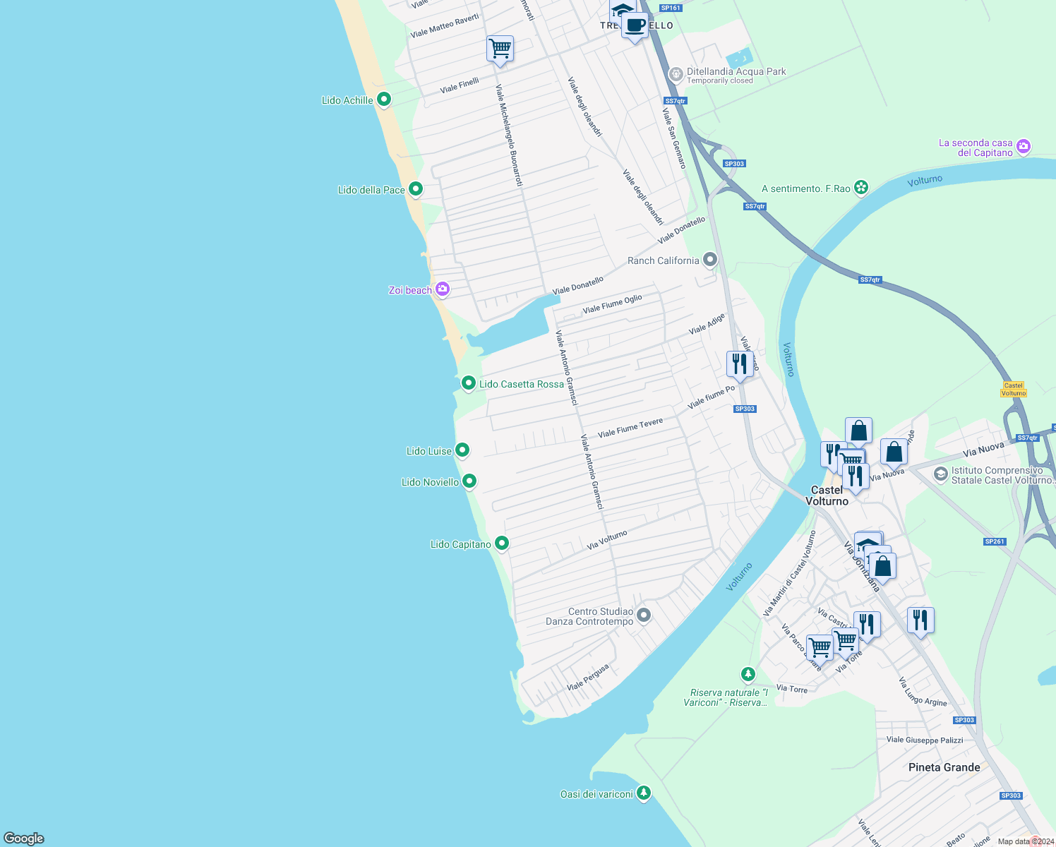 map of restaurants, bars, coffee shops, grocery stores, and more near 24 Viale Lago Di Lesina in Castel Volturno