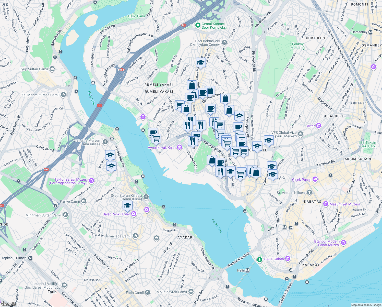 map of restaurants, bars, coffee shops, grocery stores, and more near No. 27/B Donanma Caddesi in Beyoğlu